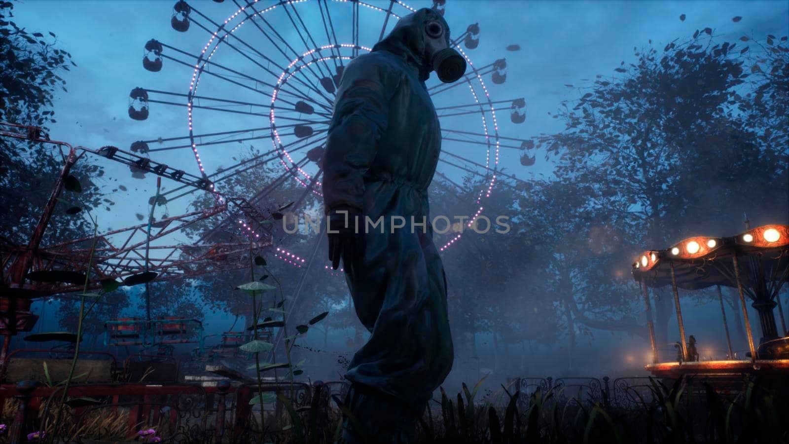 Stalker in a chemical protection suit and gas mask in an old abandoned Park.