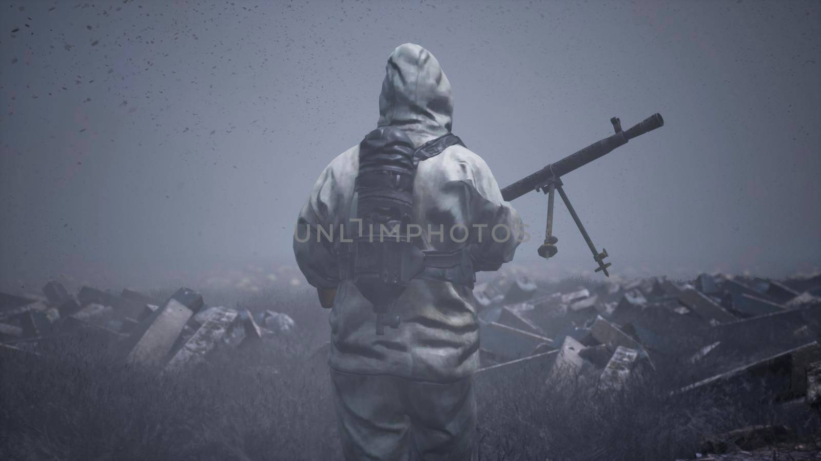 A soldier in a gas mask, military protective clothing and a machine gun walks past the ruins and human remains. 3D Rendering by designprojects