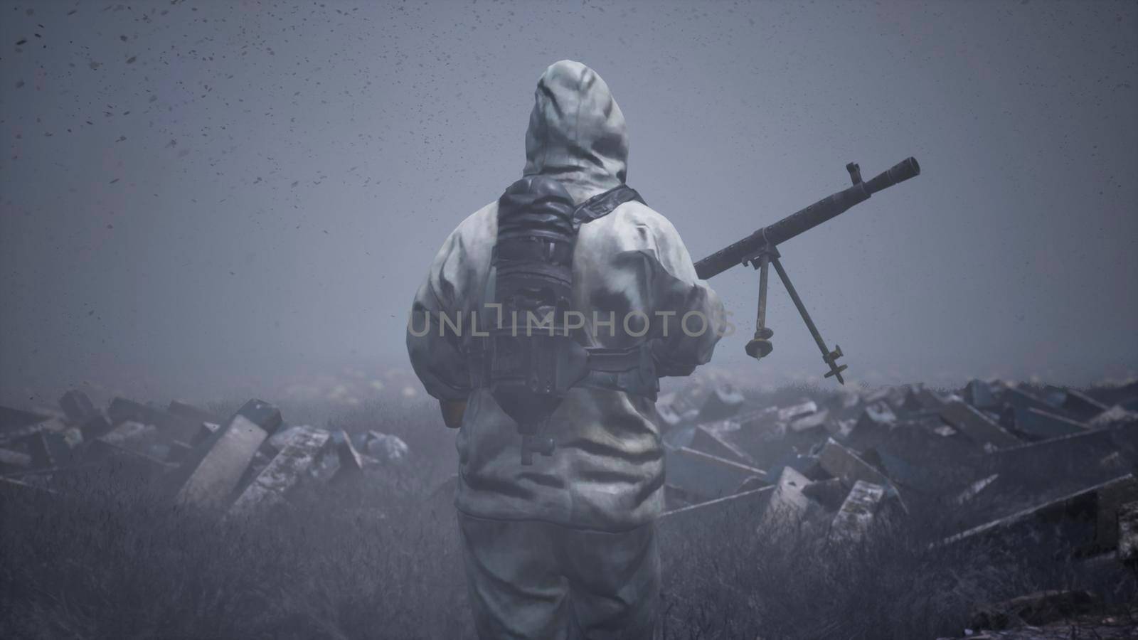 A soldier in a gas mask, military protective clothing and a machine gun walks past the ruins and human remains. Surviving Stalker with weapons after a chemical or nuclear war on the battlefield. The concept of war and the Apocalypse.