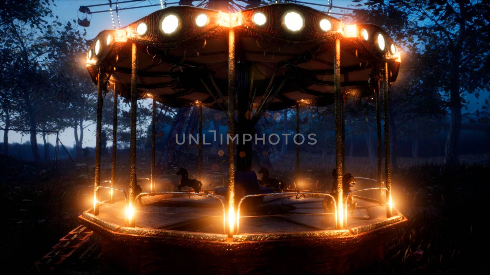 Abandoned Carousel and Ferris wheel in an amusement Park in an abandoned city.