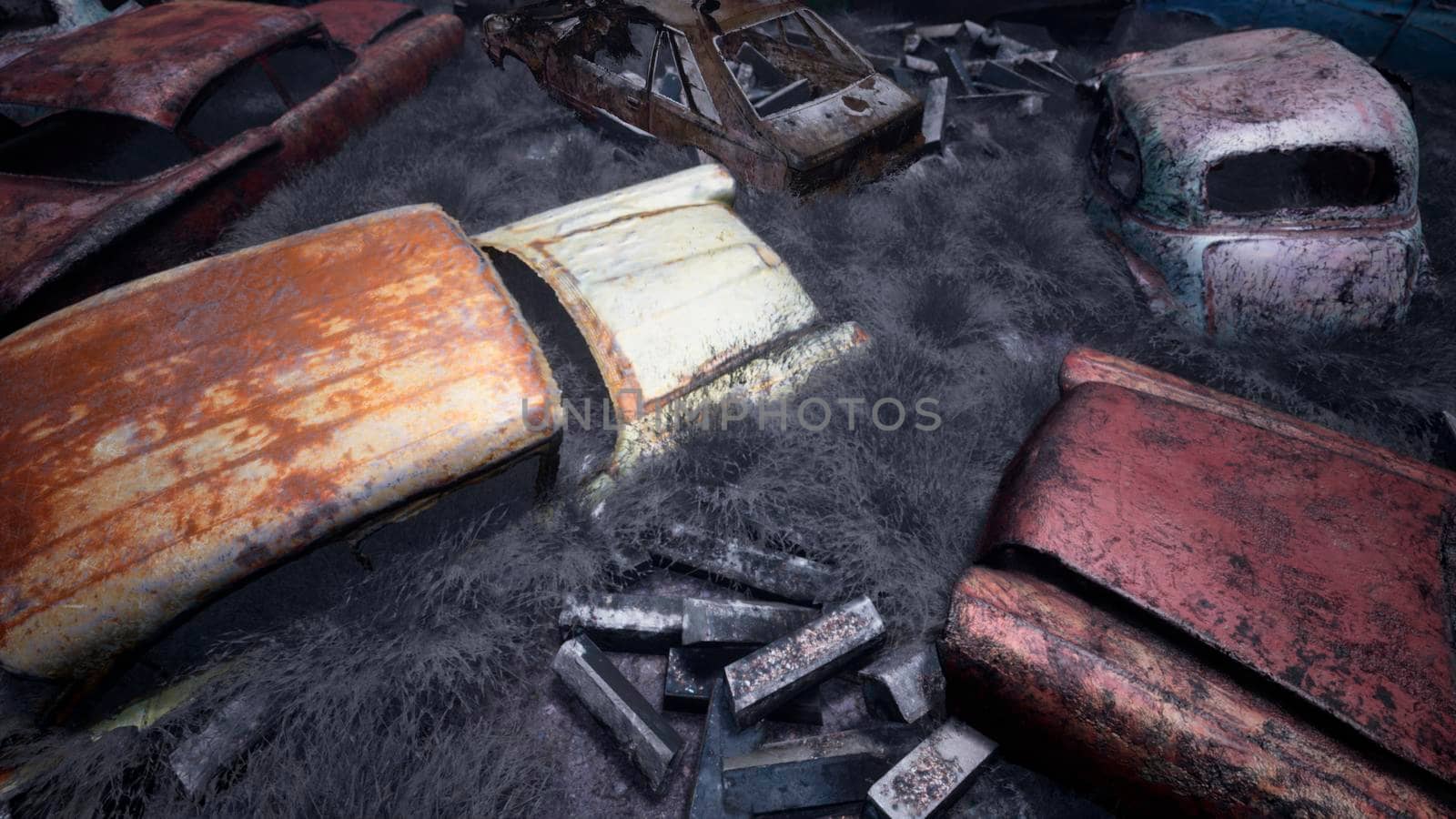 Car dump of old abandoned cars. Rusty damaged cars. A lot of destroyed, ruined, abandoned cars. 3D Rendering by designprojects