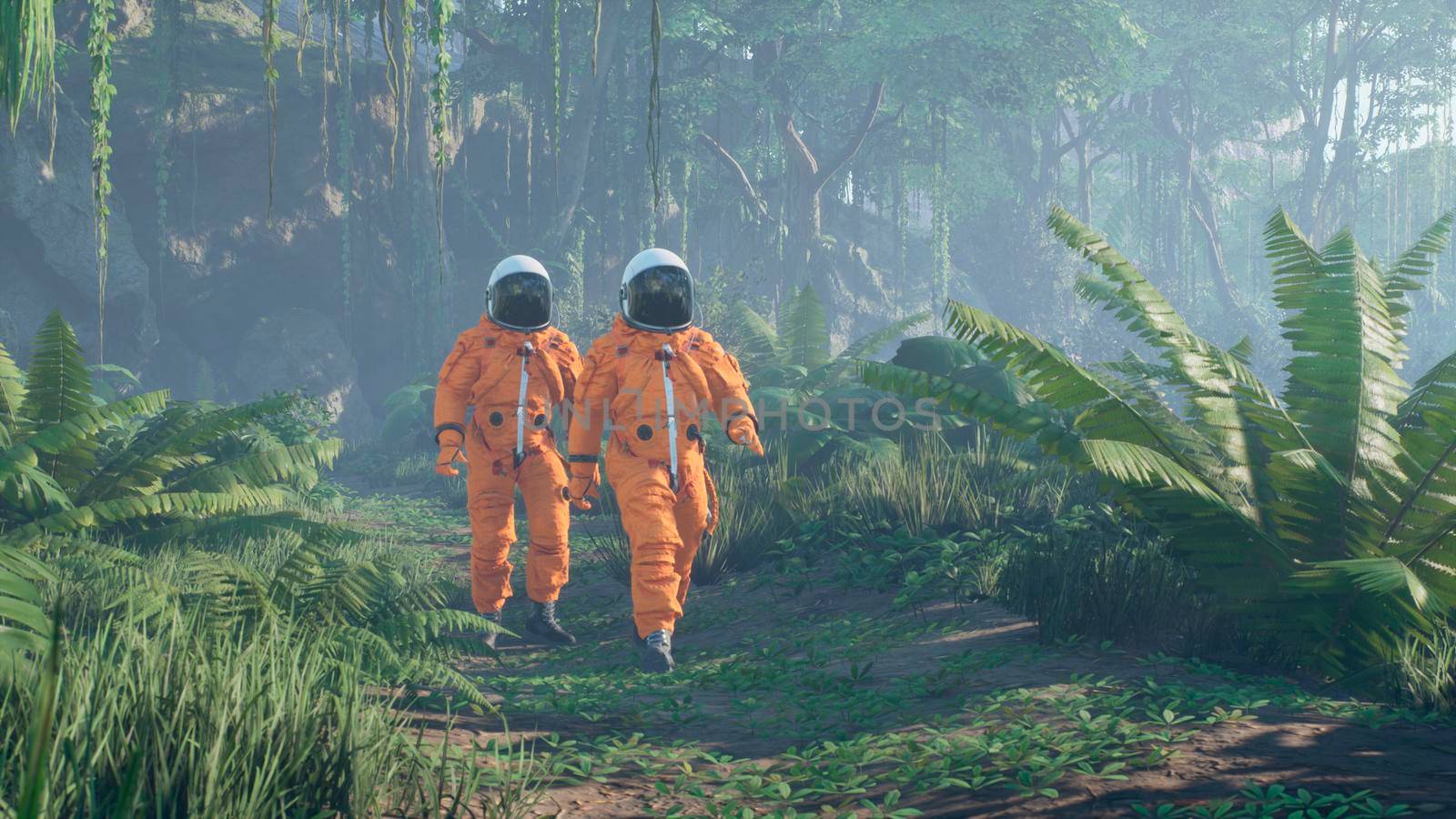 Astronauts explore an unknown blooming green planet. 3D Rendering. by designprojects