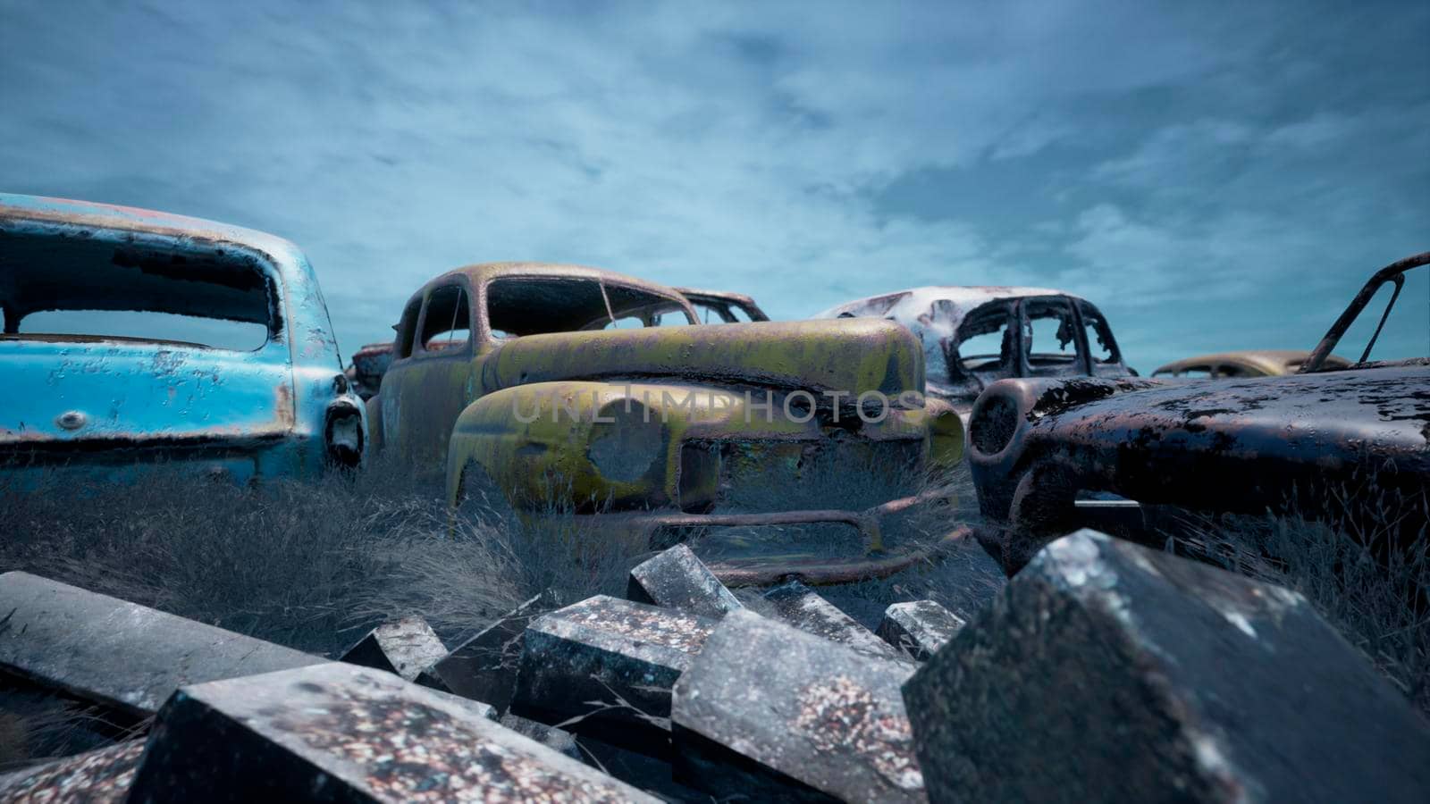 Car dump of old abandoned cars. Rusty damaged cars. A lot of destroyed, ruined, abandoned cars. 3D Rendering by designprojects