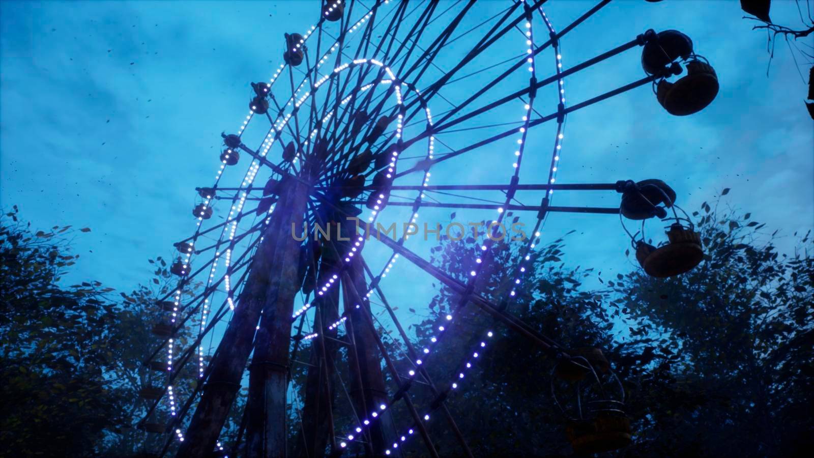 Abandoned Apocalyptic Ferris wheel and carousel in an amusement Park in a city deserted after the Apocalypse.