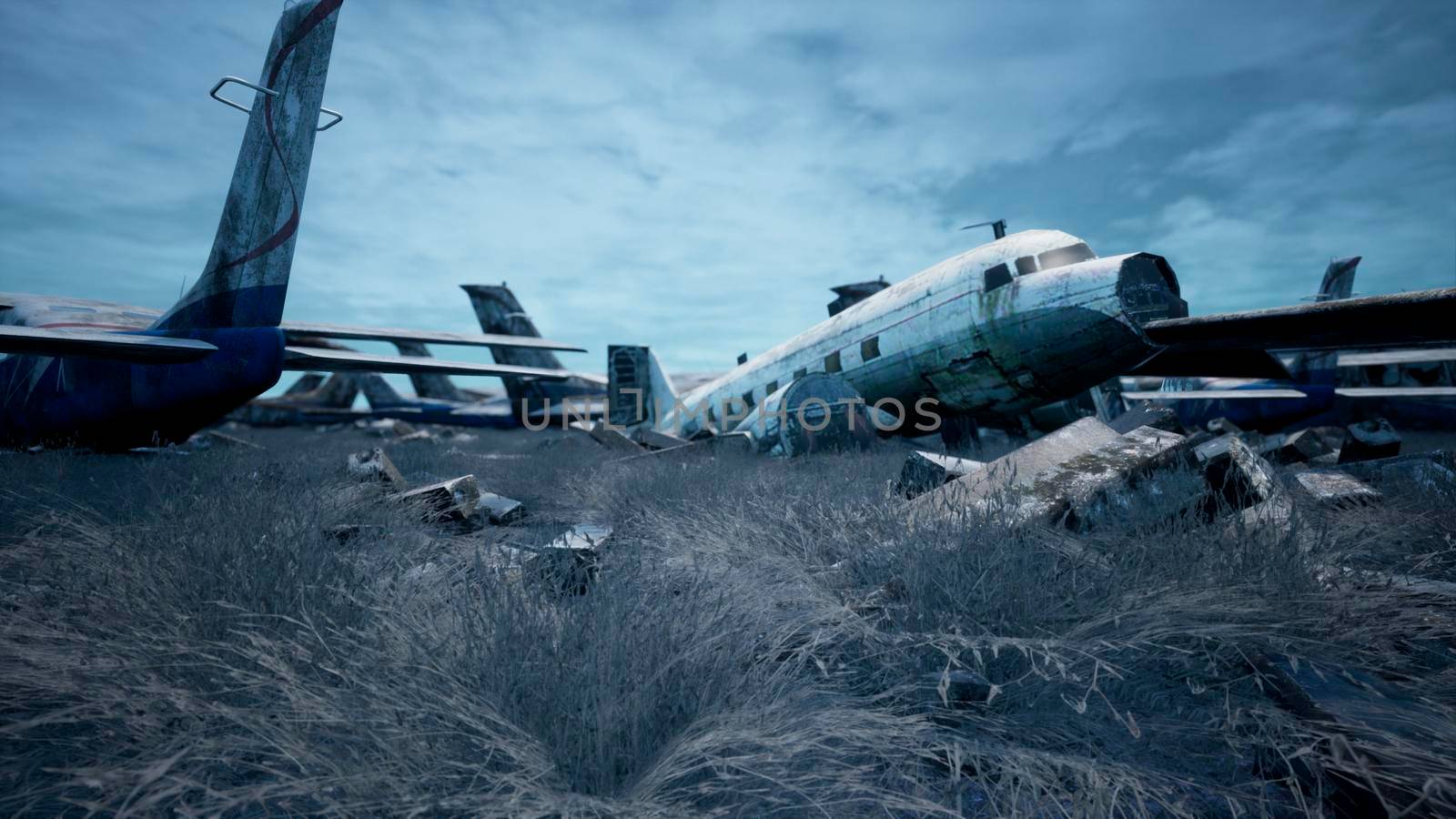 Rusty and broken planes stand in a field against a hazy blue sky. A lot of destroyed, destroyed, abandoned planes. 3D Rendering by designprojects