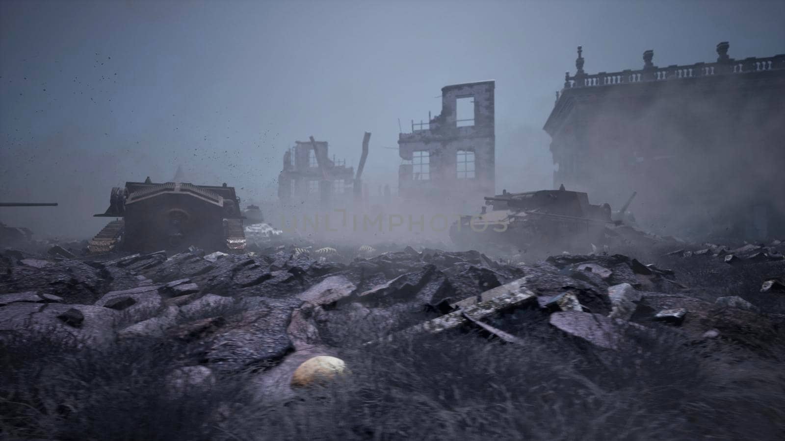 Military tanks from the second world war lie smashed on the battlefield next to human remains and the ruins of houses. The concept of war and the Apocalypse.