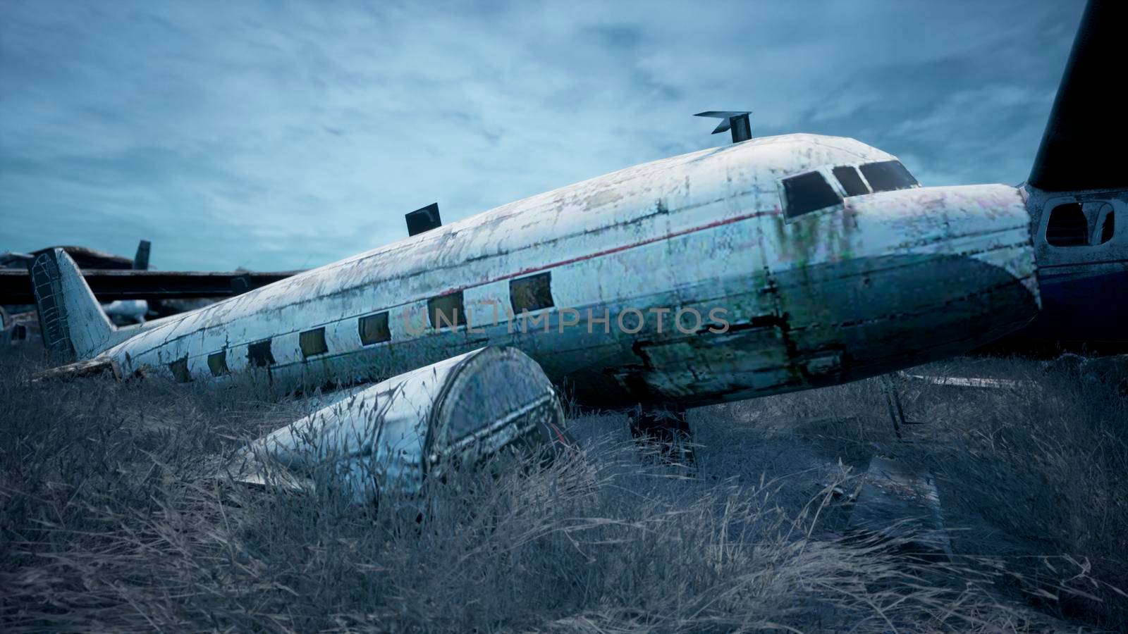 Rusty and broken planes stand in a field against a hazy blue sky. A lot of destroyed, destroyed, abandoned planes. 3D Rendering by designprojects