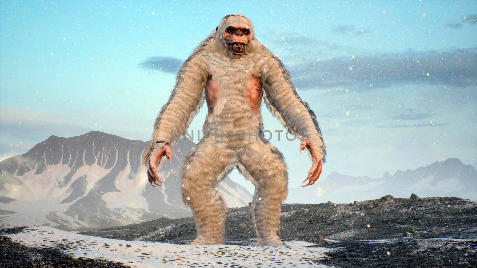 Bigfoot in the snowy mountains on a beautiful winter morning. Yeti in the mountains. Illustration for fabulous, fiction or fantasy backgrounds. 3D Rendering. by designprojects