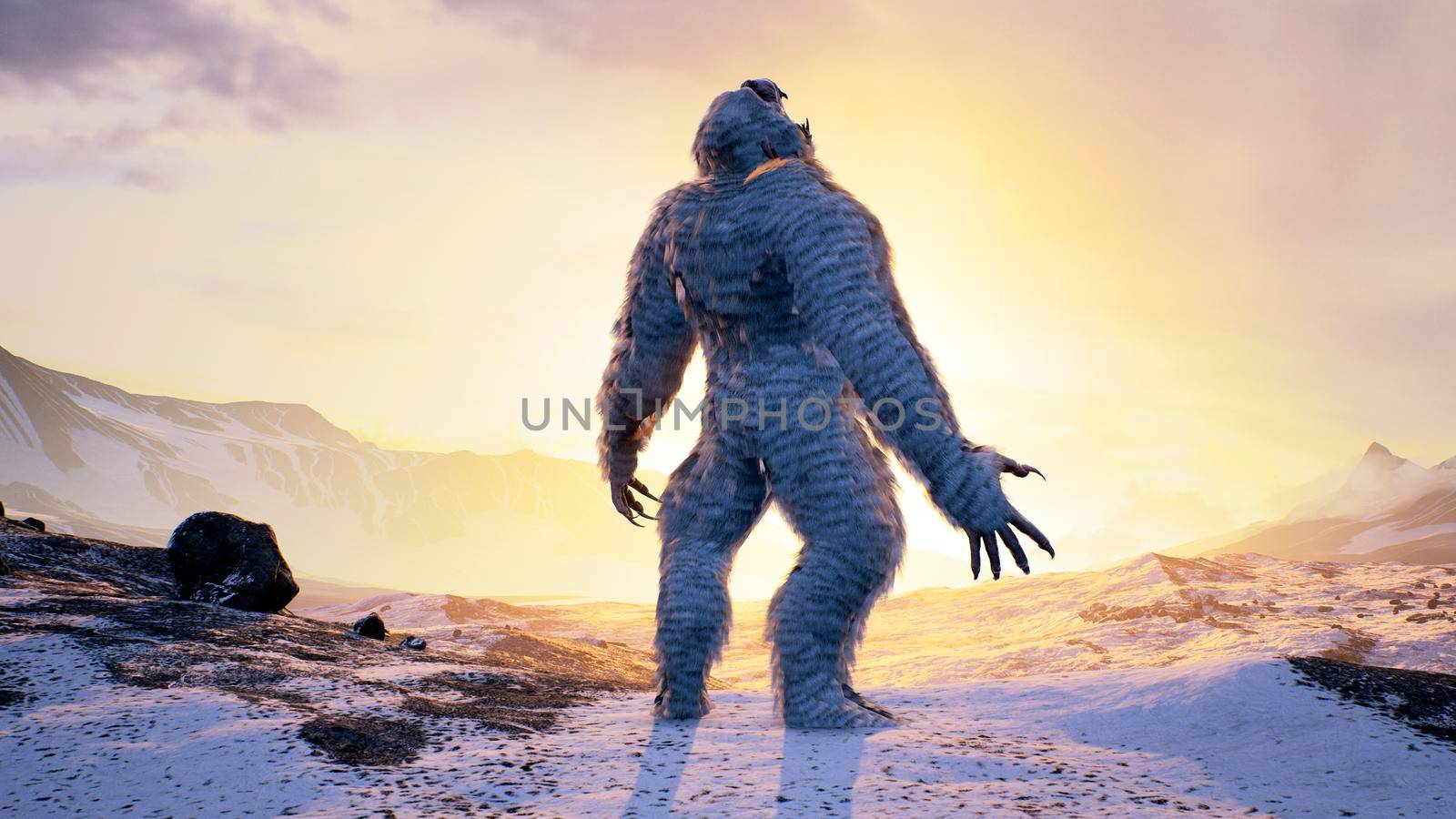 Sasquatch in the snowy mountains on a beautiful fog winter morning. Bigfoot in the mountains. Illustration for fabulous, fiction or fantasy backgrounds. 3D Rendering. by designprojects