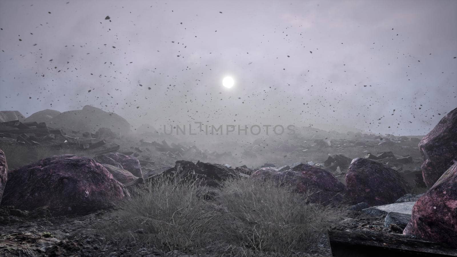 Apocalyptic weather. A hurricane wind circles sand and leaves. The concept of extreme weather, hurricane and storm.