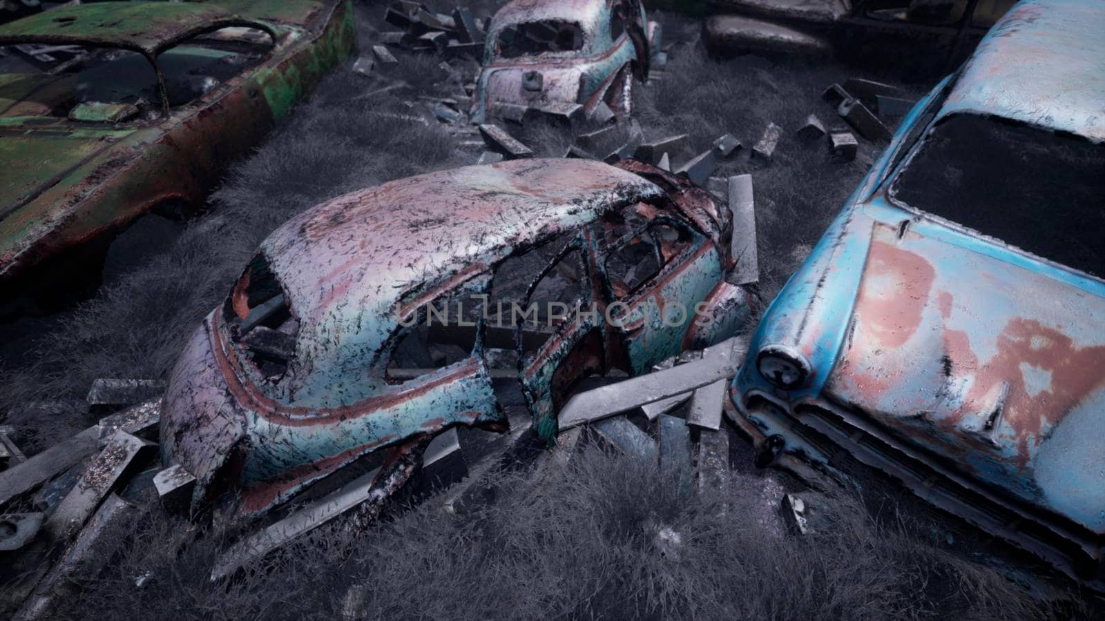 Car dump of old abandoned cars. Rusty damaged cars. A lot of destroyed, ruined, abandoned cars. 3D Rendering by designprojects