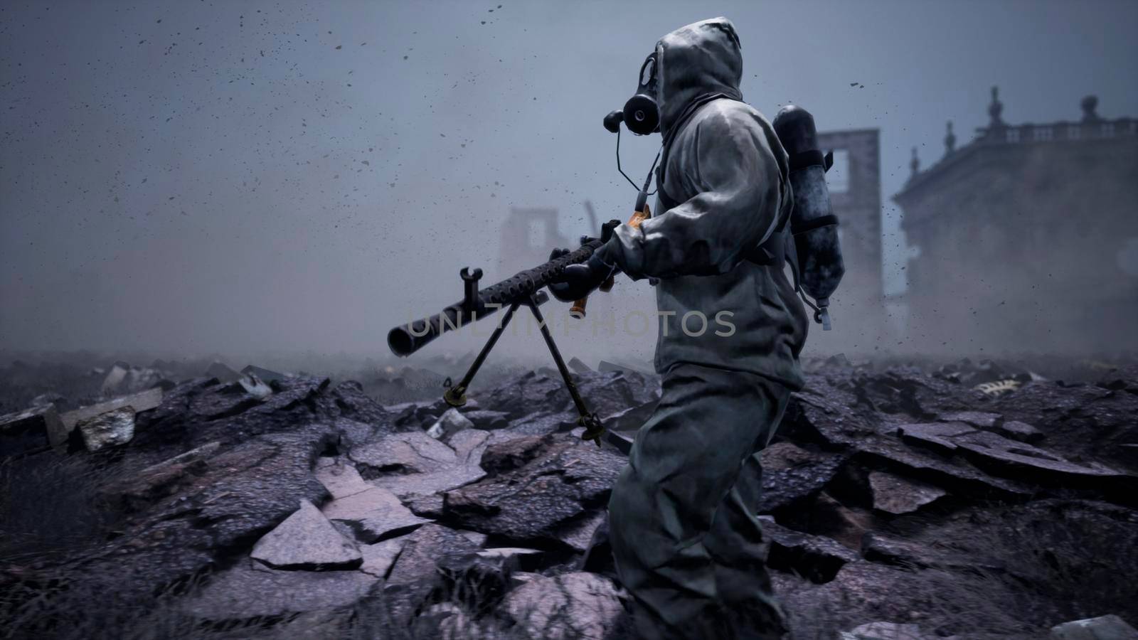A soldier in a gas mask, military protective clothing and a machine gun walks past the ruins and human remains. 3D Rendering by designprojects