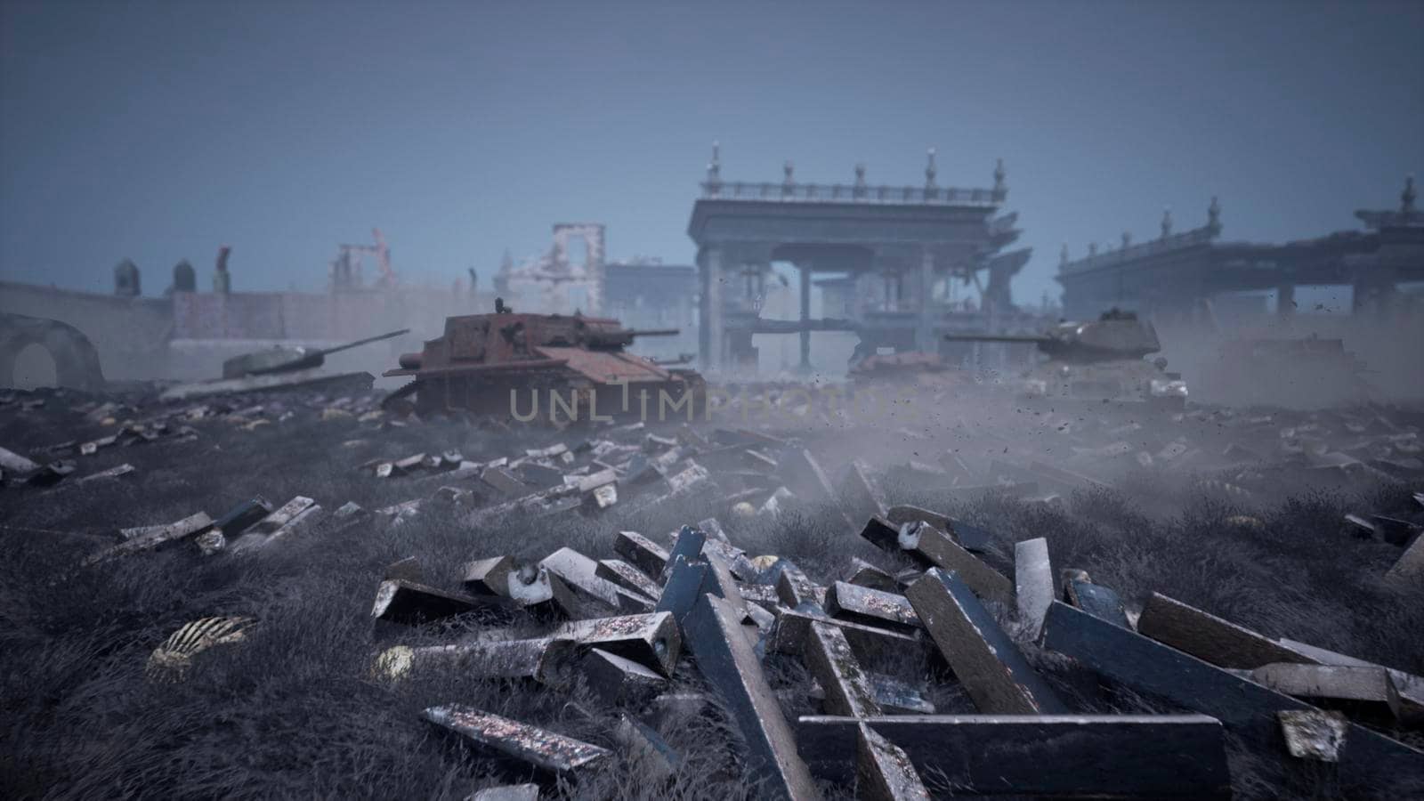 Military tanks from the second world war lie smashed on the battlefield next to human remains and the ruins of houses. The concept of war and the Apocalypse. 3D Rendering by designprojects