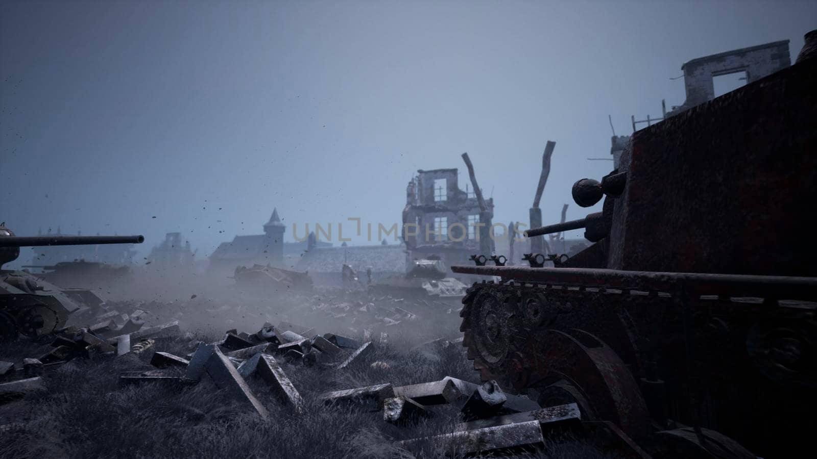 Military tanks from the second world war lie smashed on the battlefield next to human remains and the ruins of houses. The concept of war and the Apocalypse.