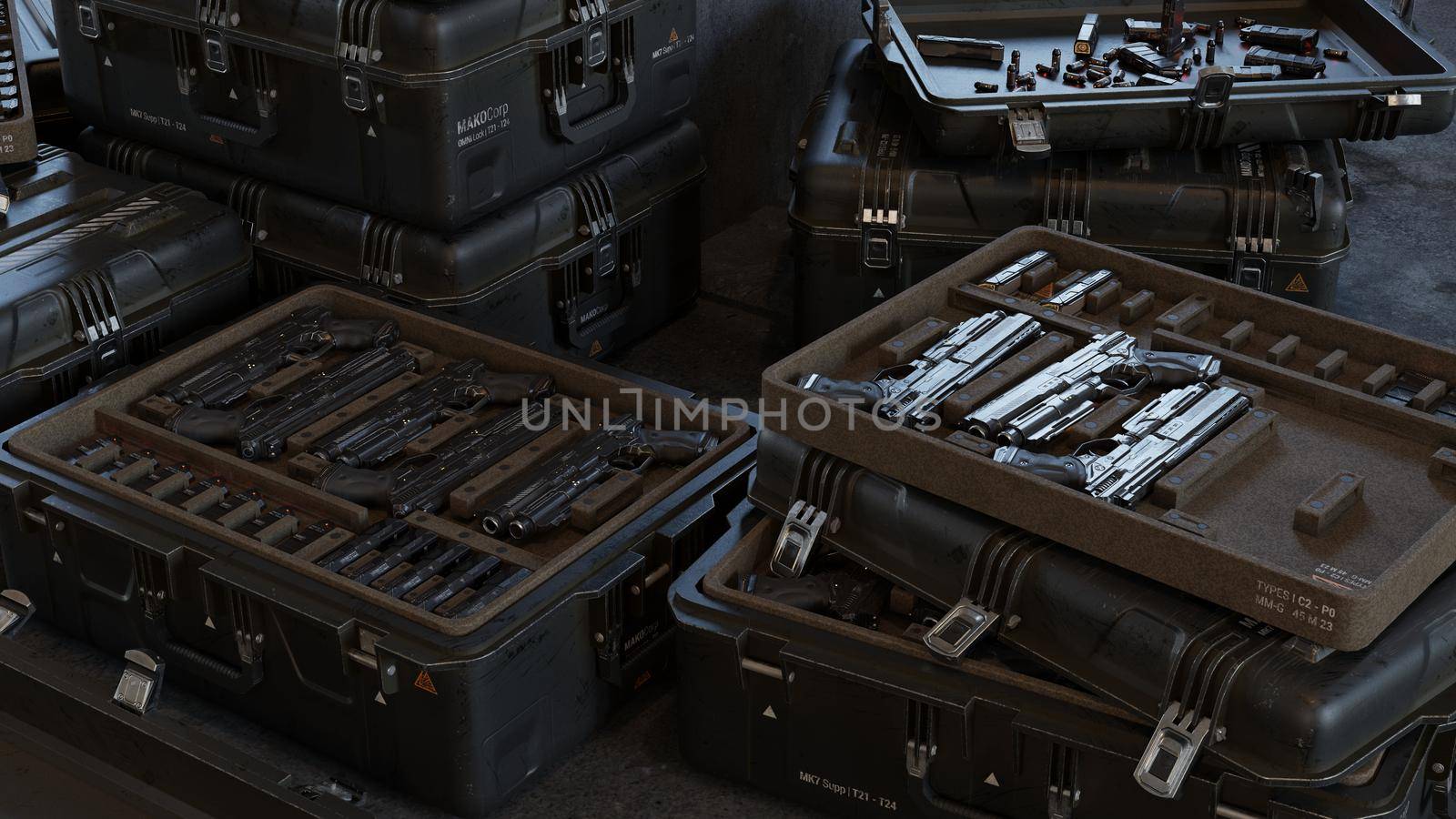 Boxes with modern weapons and ammunition in a military warehouse.