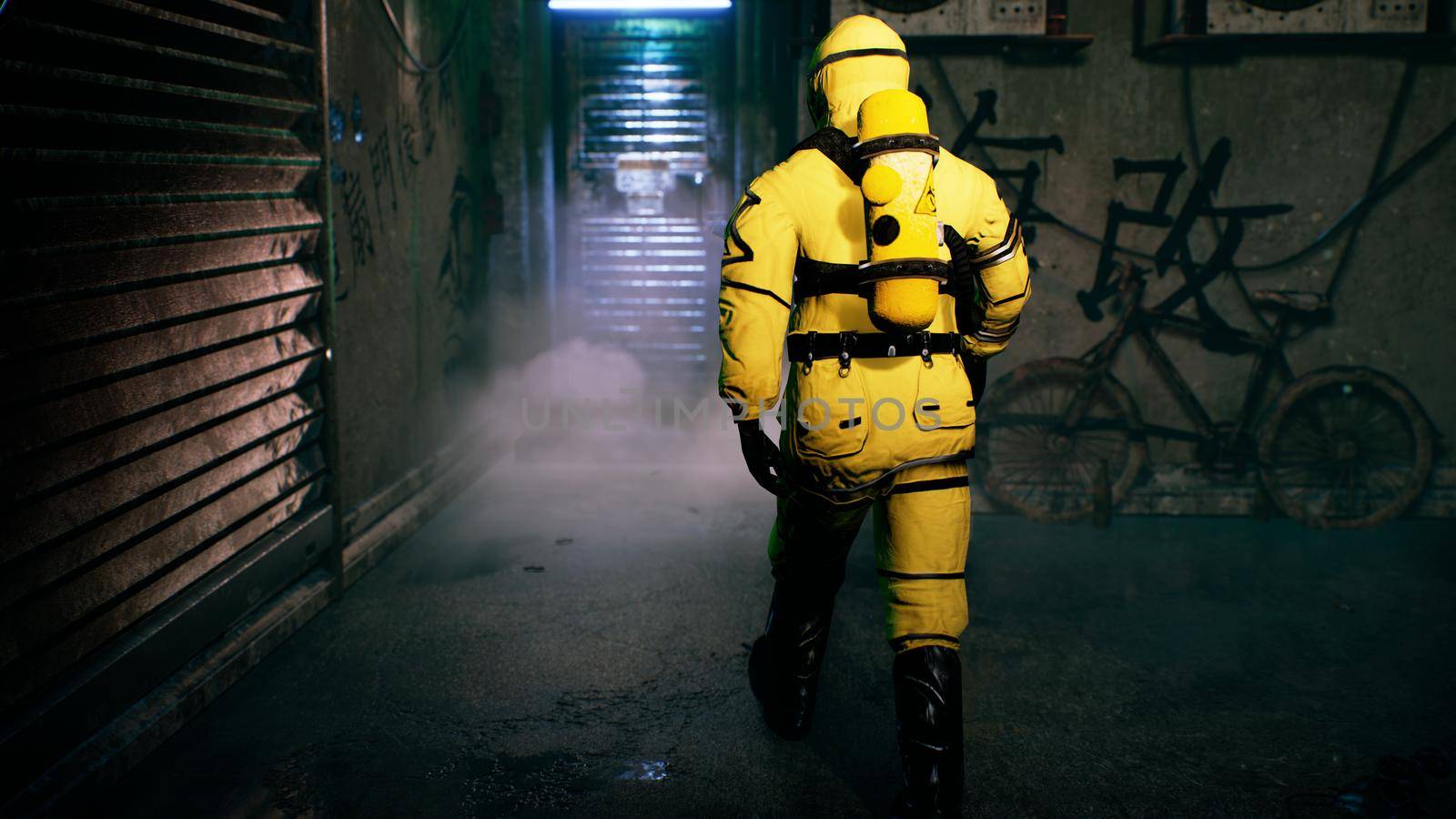A medic in a bacteriological protection suit returns home. Man in yellow protective suits and gas masks. 3D Rendering. by designprojects