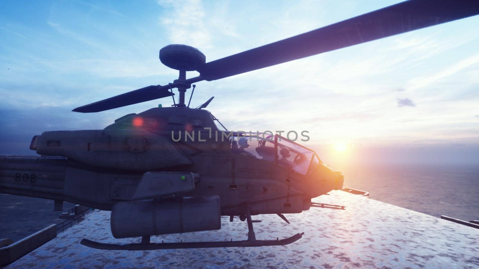 Military helicopters take off from an aircraft carrier in the early morning. 3D Rendering. by designprojects