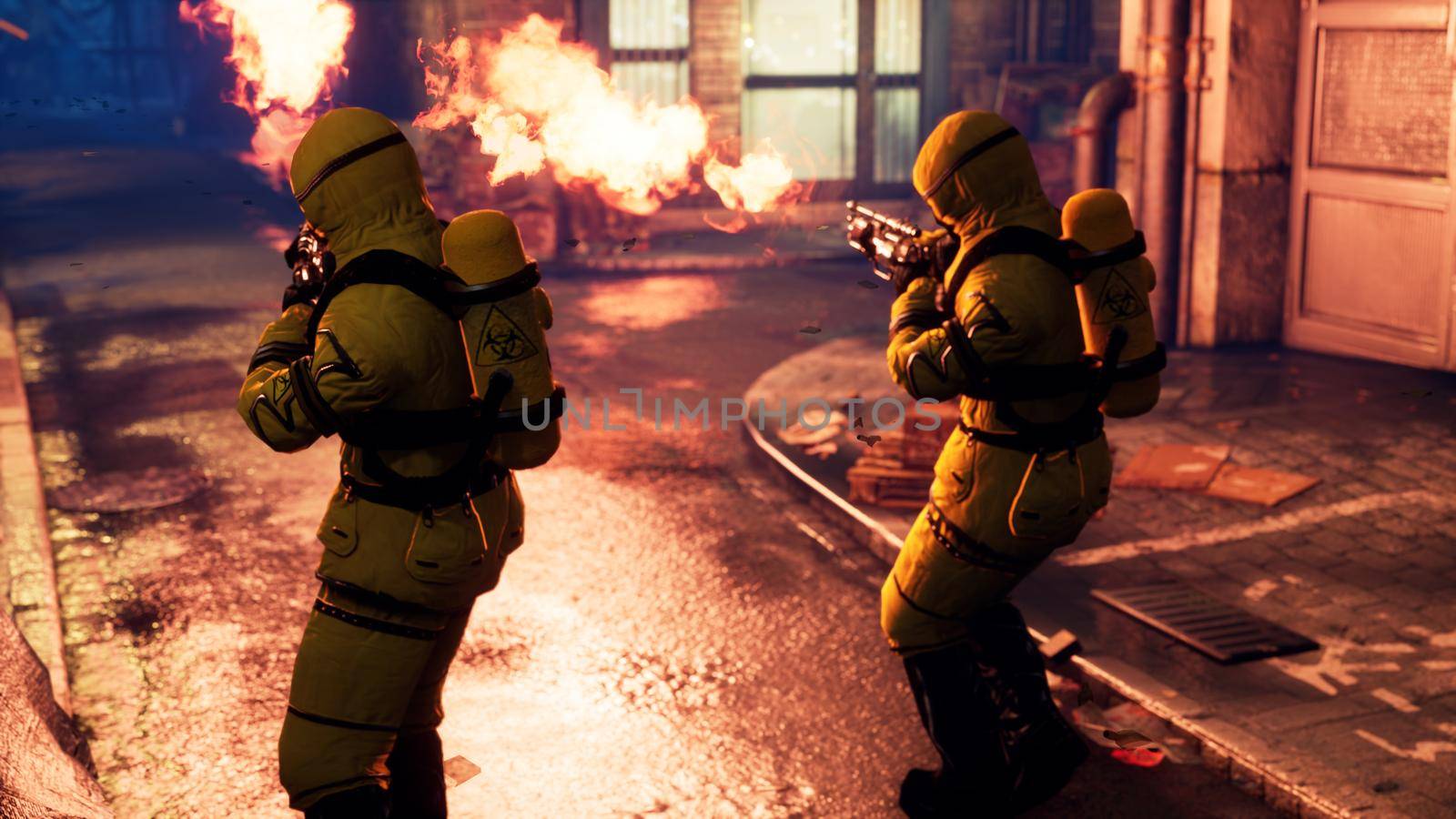 Men in yellow protective suits disinfect the city's infected territory with a flamethrower. People in bacteriological suits and gas masks. 3D Rendering. by designprojects