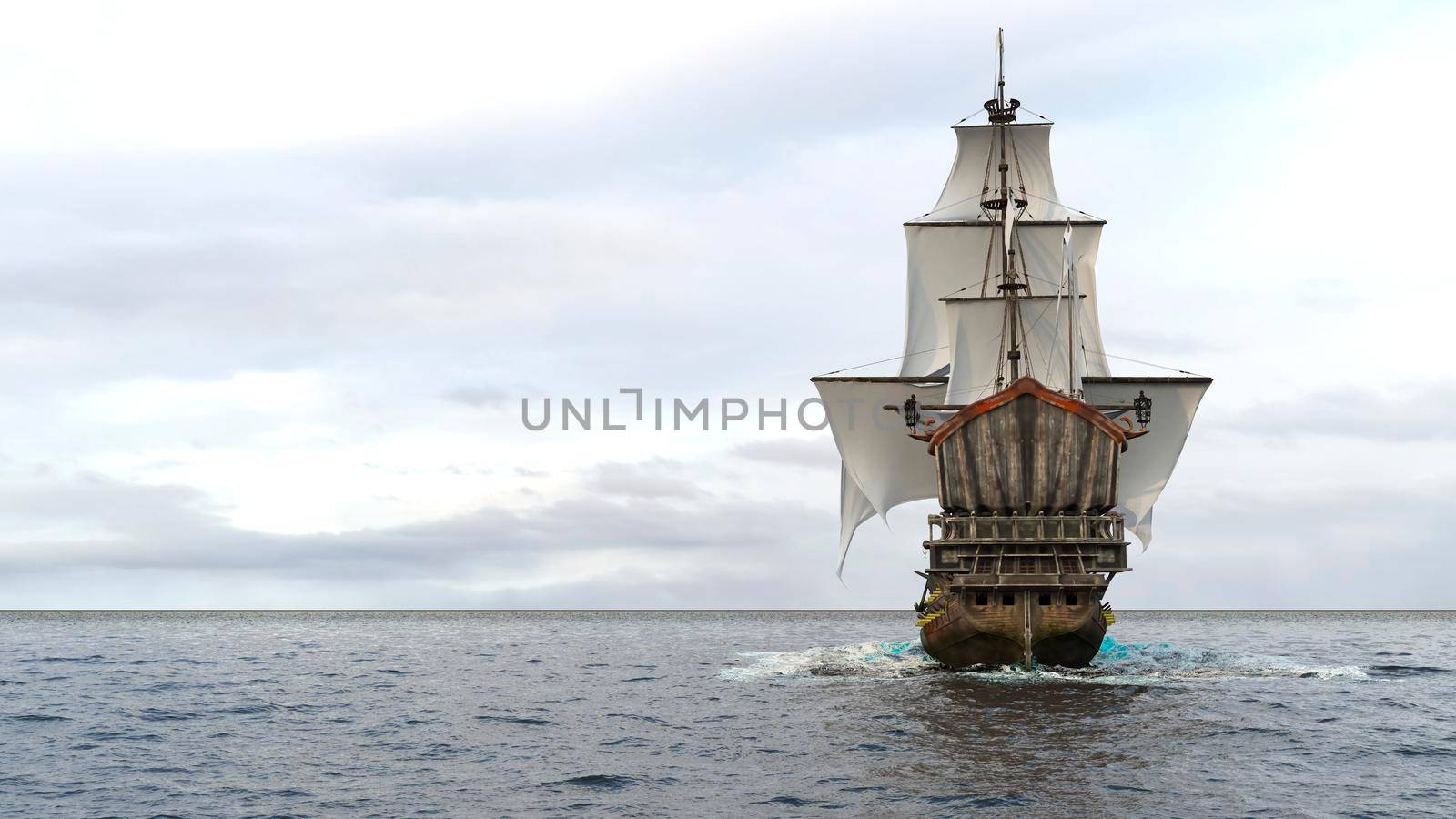 A medieval pirate ship sailing on a vast blue ocean. Concept of sea adventures in the middle ages. 3D Rendering by designprojects