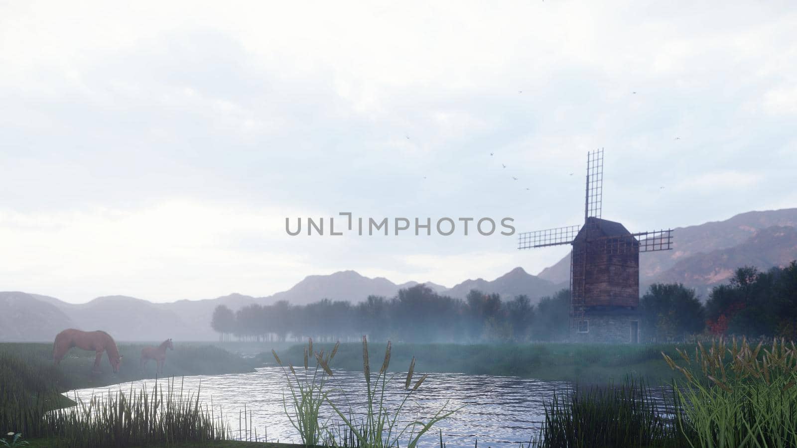 A rural misty morning landscape with an old windmill and horses next to a pond, grasses and plants swaying in the wind background a cloudy sky.