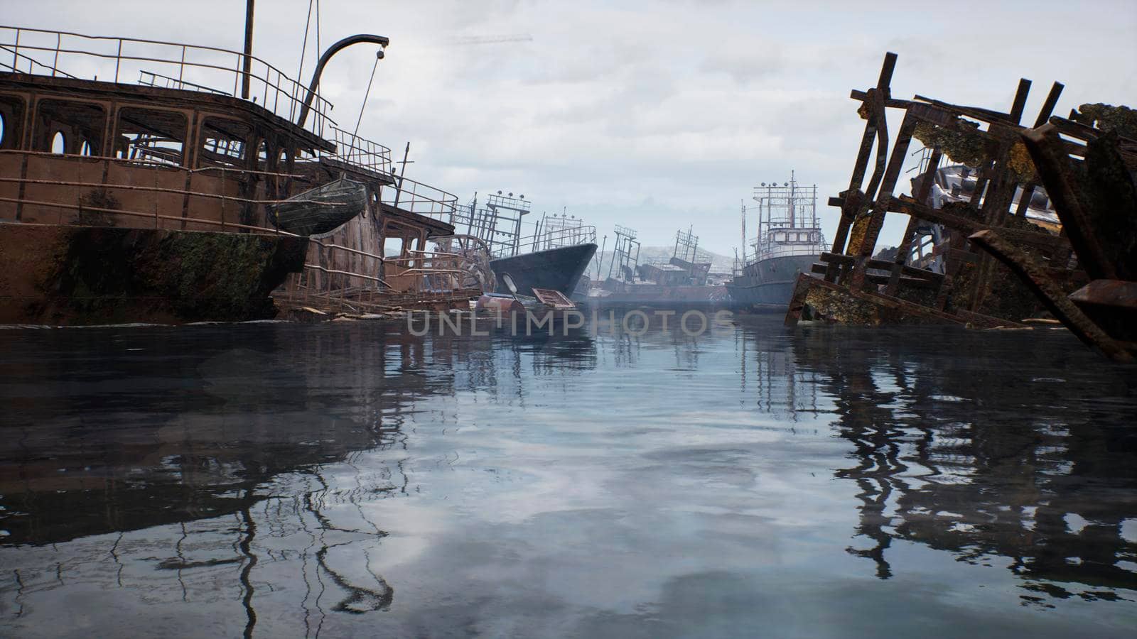 Rusty abandoned ships in the sea bay. Destroyed abandoned industrial ships. 3D Rendering by designprojects
