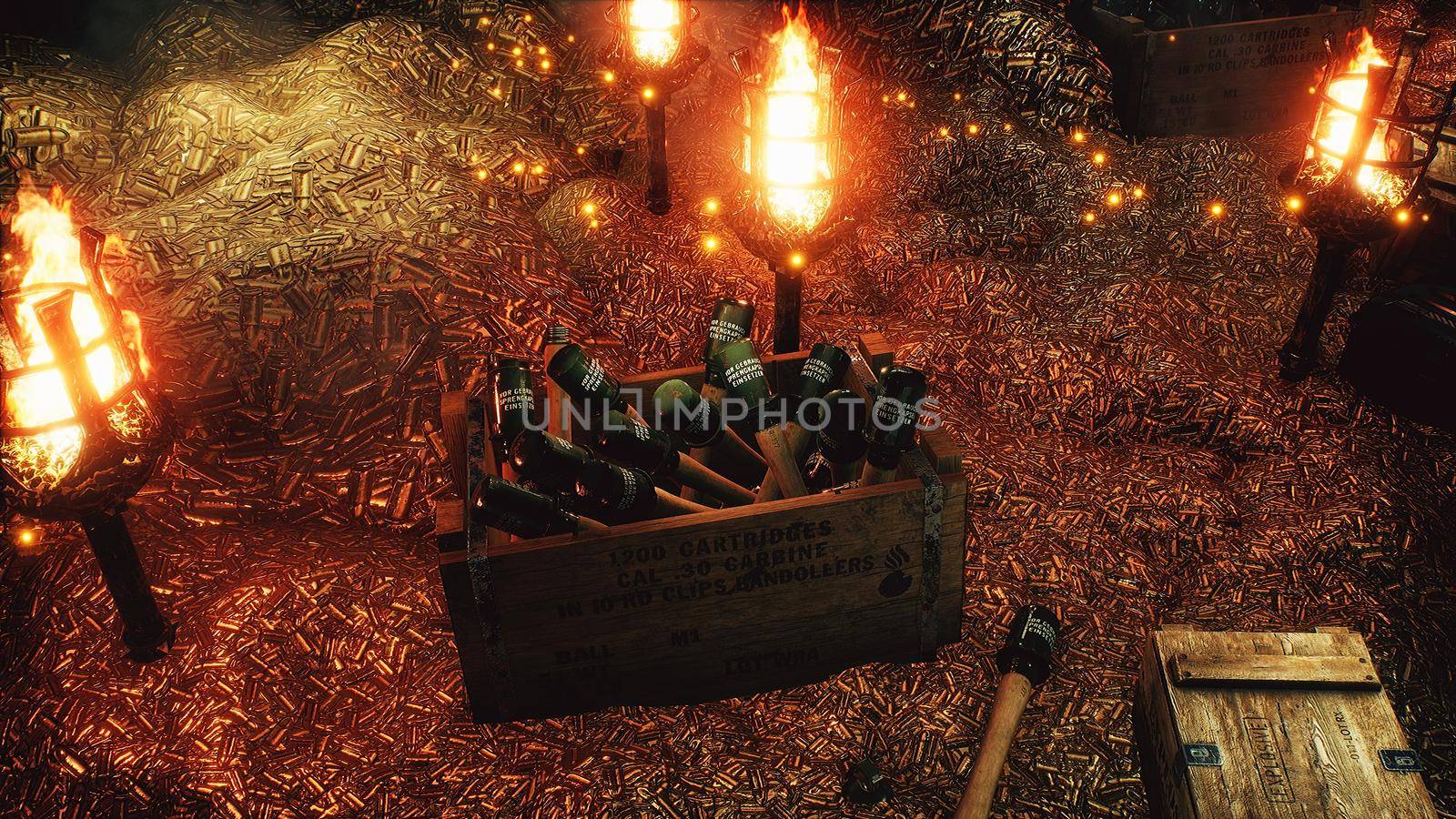 The arsenal of weapons. Bullets, boxes of explosives and grenades. Military boxes with weapons and ammunition. The military warehouse is filled with weapons for the upcoming war conflict.