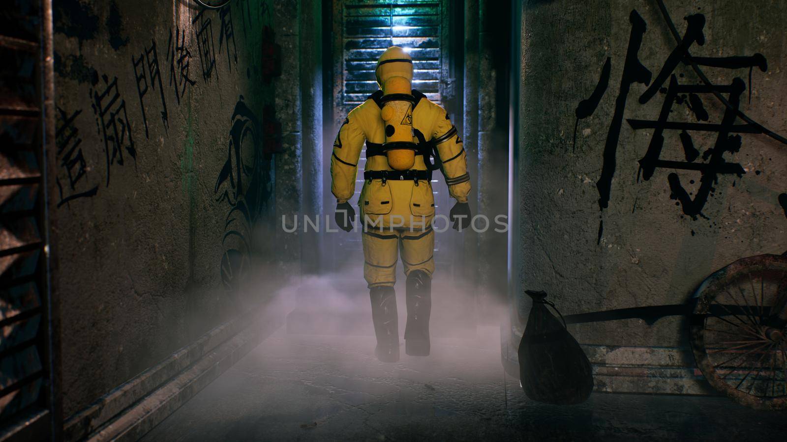 A medic in a bacteriological protection suit returns home. Man in yellow protective suits and gas masks. 3D Rendering. by designprojects