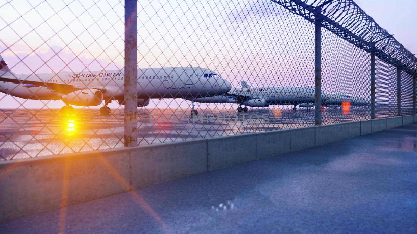 Commercial aircraft at the airport are waiting for departure. 3D Rendering. by designprojects