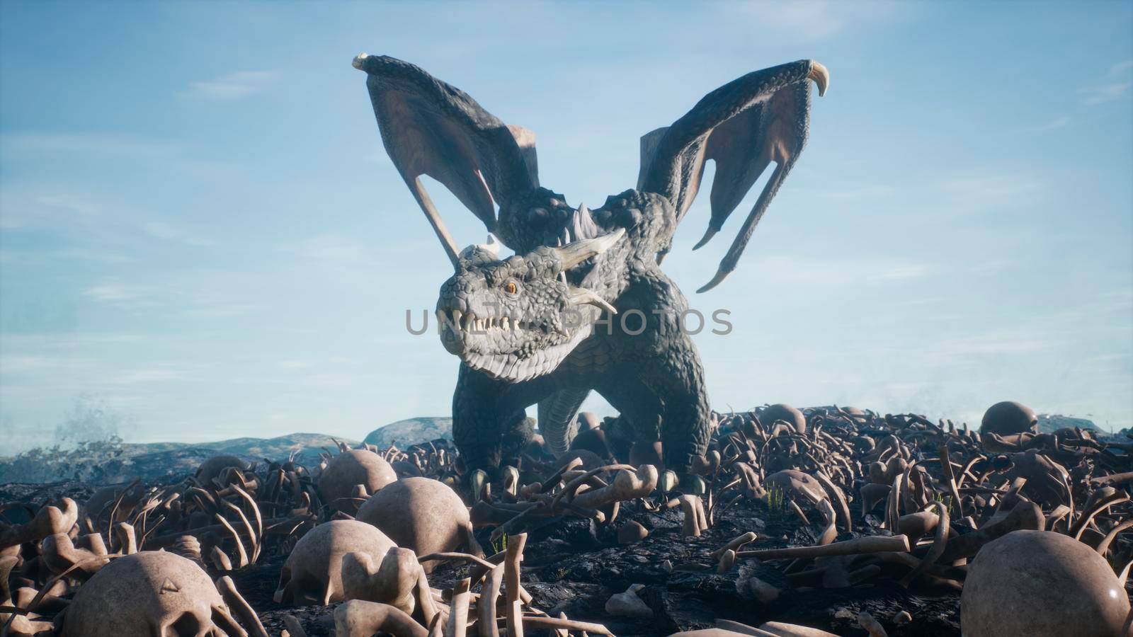 Realistic big dragon lands on scattered human bones. 3D Rendering by designprojects