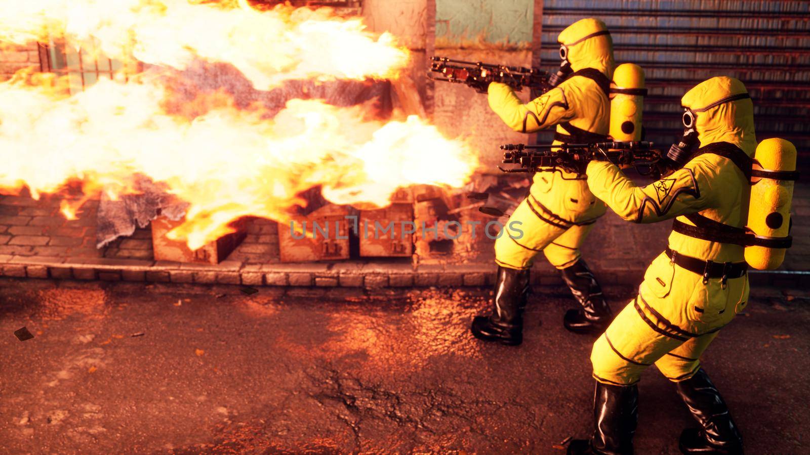 Men in yellow protective suits disinfect the city's infected territory with a flamethrower. People in bacteriological suits and gas masks.