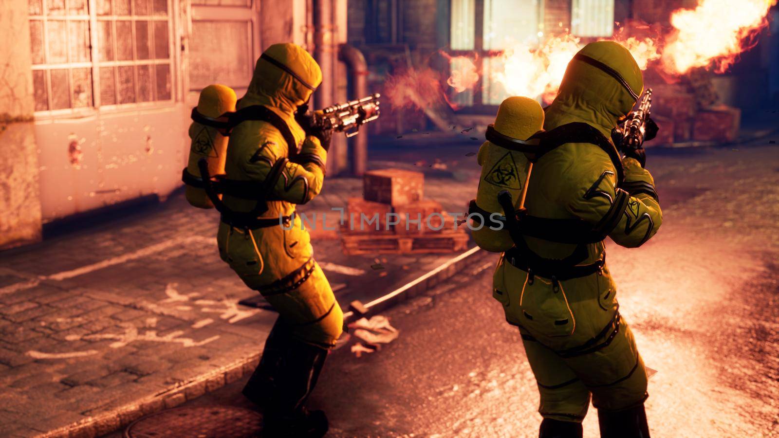 Men in yellow protective suits disinfect the city's infected territory with a flamethrower. People in bacteriological suits and gas masks.