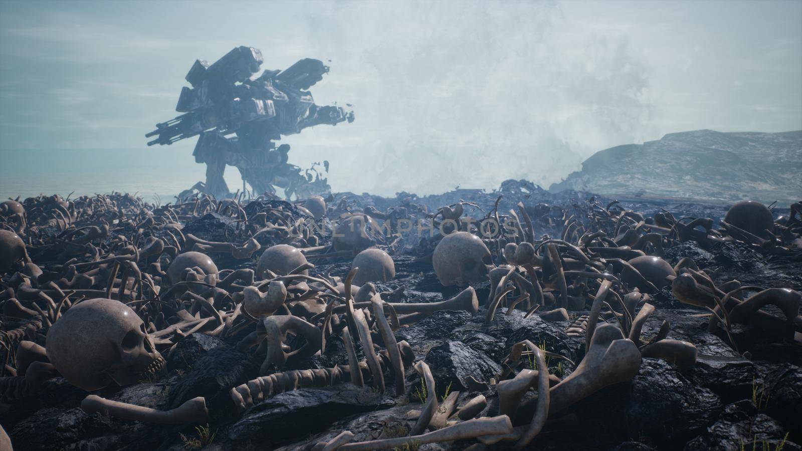 Military mech are walking on a battlefield covered with human bones and skulls. The concept of the future Apocalypse.