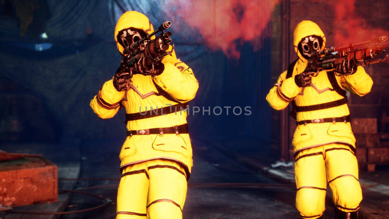 Men in yellow protective suits disinfect the city's infected territory with a flamethrower. People in bacteriological suits and gas masks. 3D Rendering. by designprojects