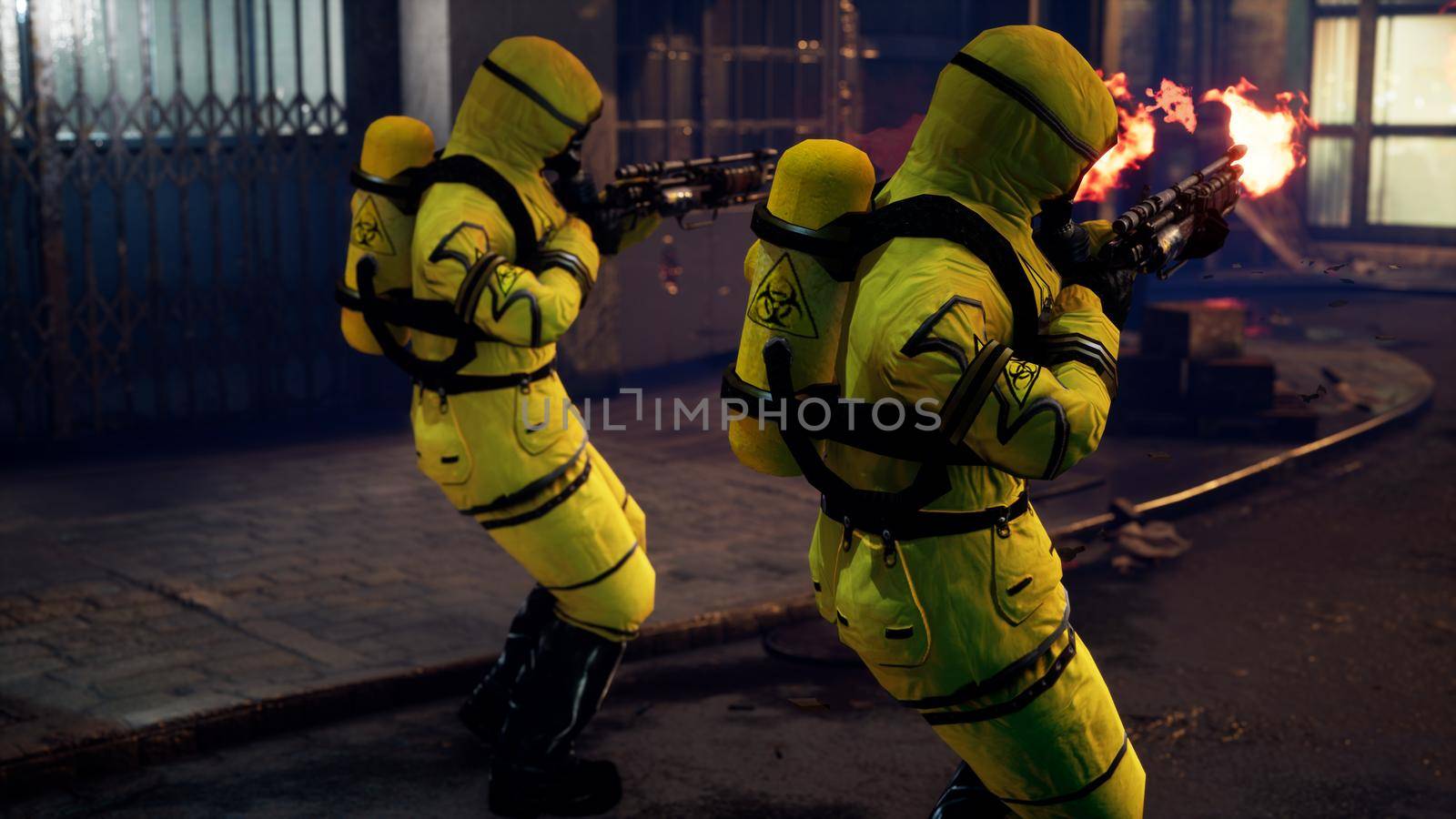 Men in yellow protective suits disinfect the city's infected territory with a flamethrower. People in bacteriological suits and gas masks.