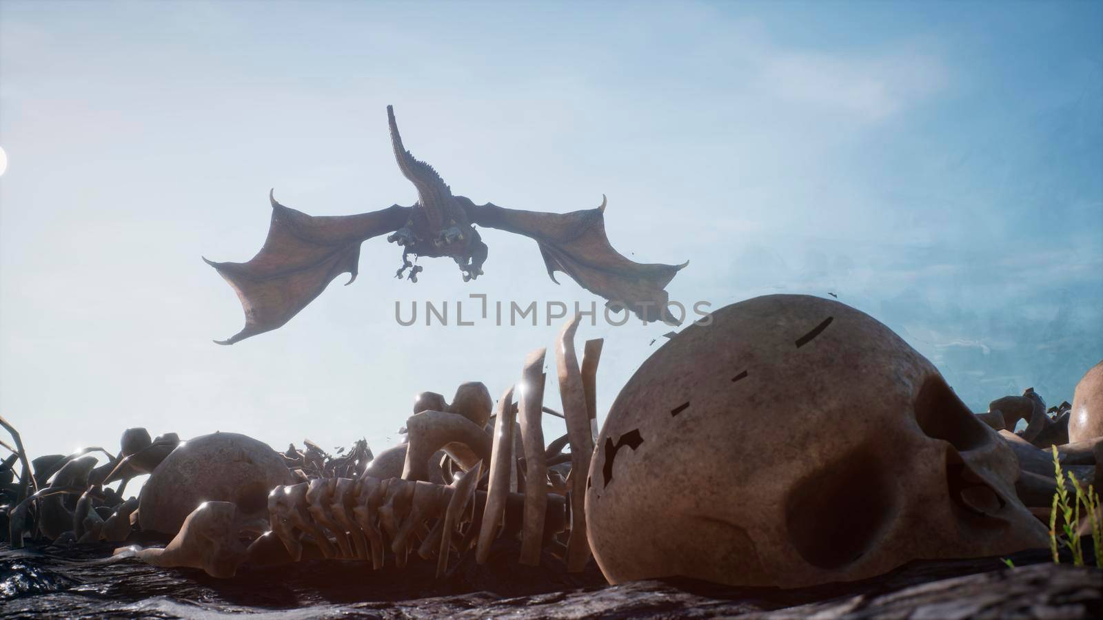 Large dragons fly over the battlefield with human bones lying on it. 3D Rendering by designprojects