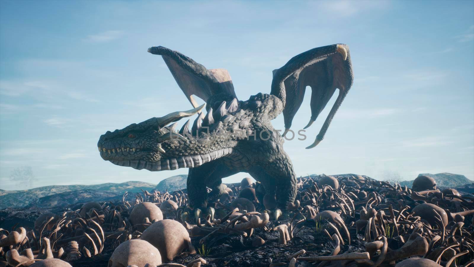Realistic big dragon lands on scattered human bones. 3D Rendering by designprojects