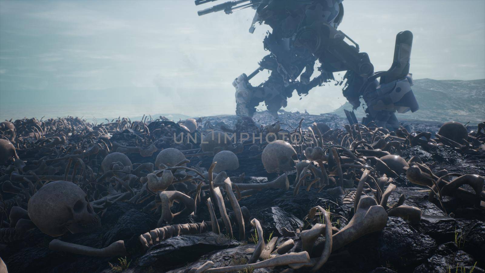 Military mech are walking on a battlefield covered with human bones and skulls. The concept of the future Apocalypse.