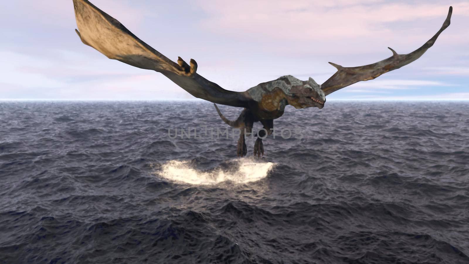 Realistic big dragon takes off over the morning ocean. Animation for fabulous, fiction or fantasy backgrounds. 3D Rendering by designprojects