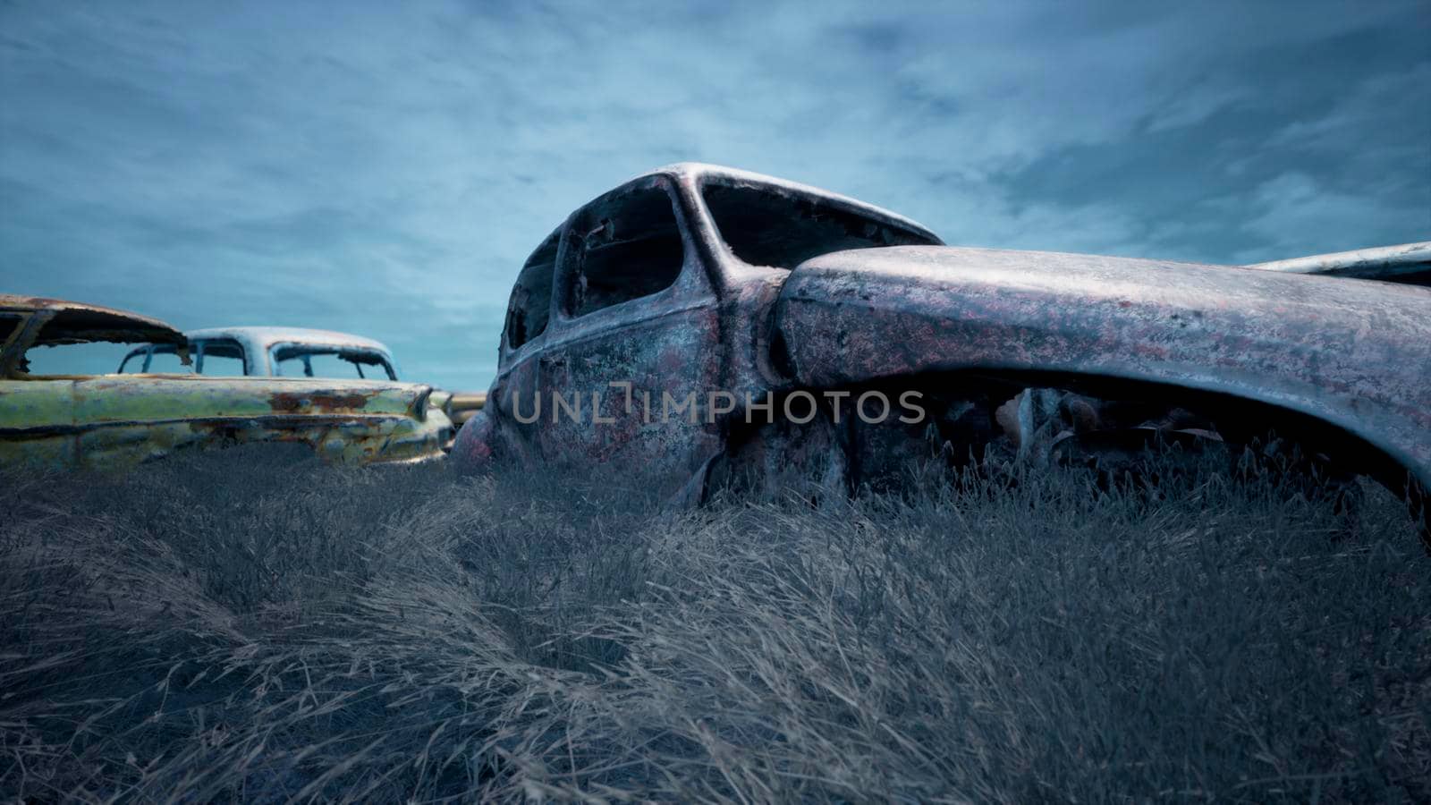 Car dump of old abandoned cars. Rusty damaged cars. A lot of destroyed, ruined, abandoned cars. 3D Rendering by designprojects