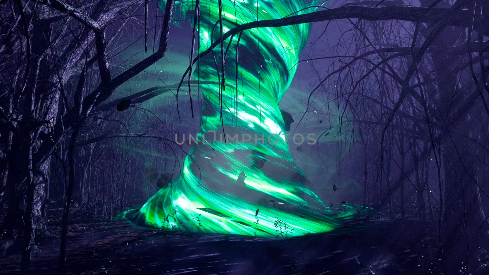 A magical tornado in a dark mystical misty forest. A fairy-tale scary forest with tall trees in a thick fog. 3D Rendering. by designprojects