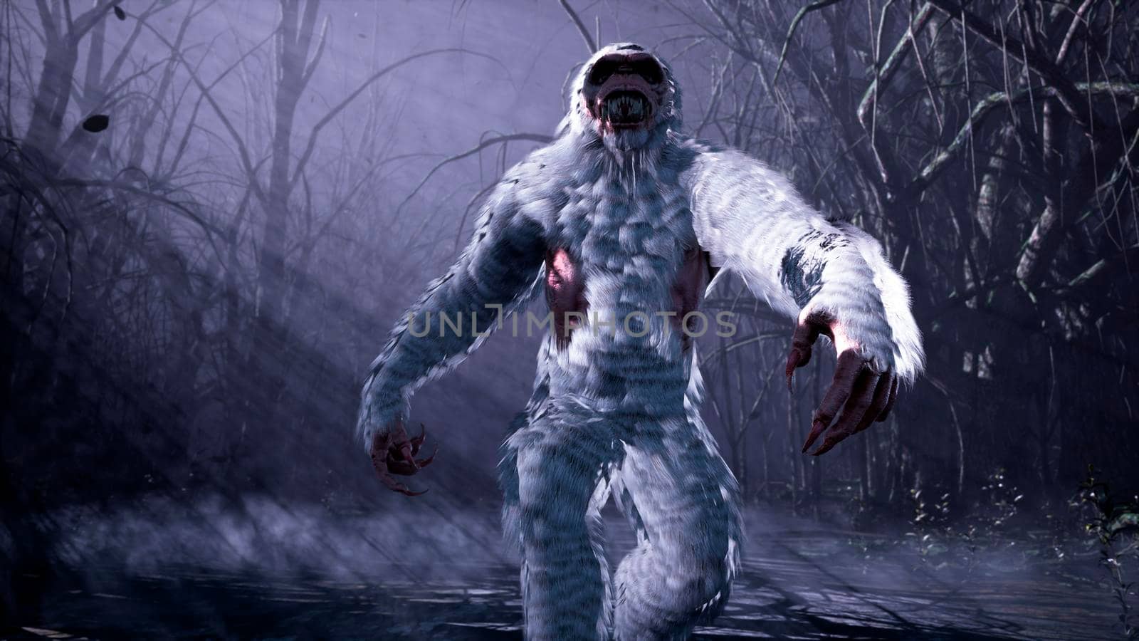 Bigfoot runs through a misty mystical forest at night. The Yeti is walking in a dark scary forest. Illustration for fabulous, fiction or fantasy backgrounds. 3D Rendering. by designprojects