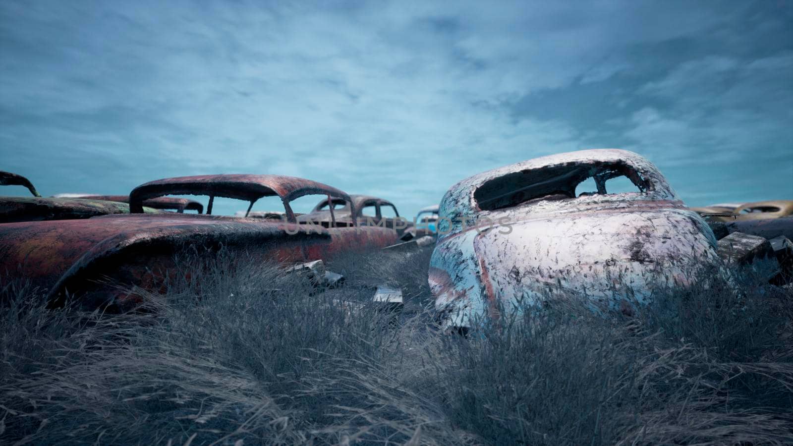 Car dump of old abandoned cars. Rusty damaged cars. A lot of destroyed, ruined, abandoned cars. 3D Rendering by designprojects