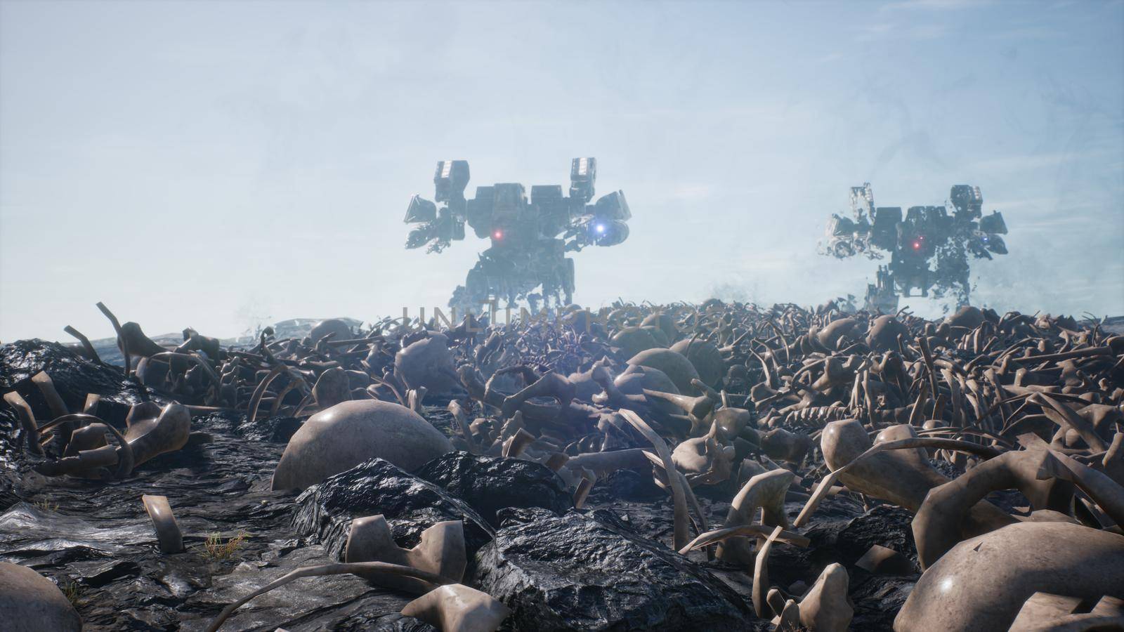 Military mech are walking on a battlefield covered with human bones and skulls. The concept of the future Apocalypse. 3D Rendering by designprojects