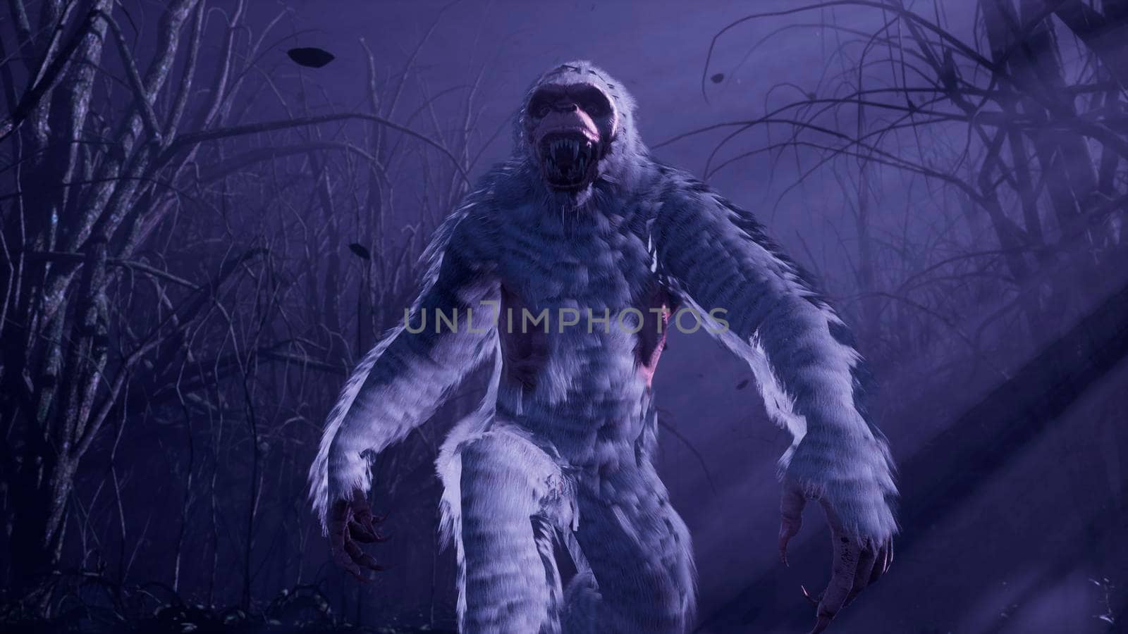 Bigfoot runs through a misty mystical forest at night. The Yeti is walking in a dark scary forest. Illustration for fabulous, fiction or fantasy backgrounds. 3D Rendering. by designprojects