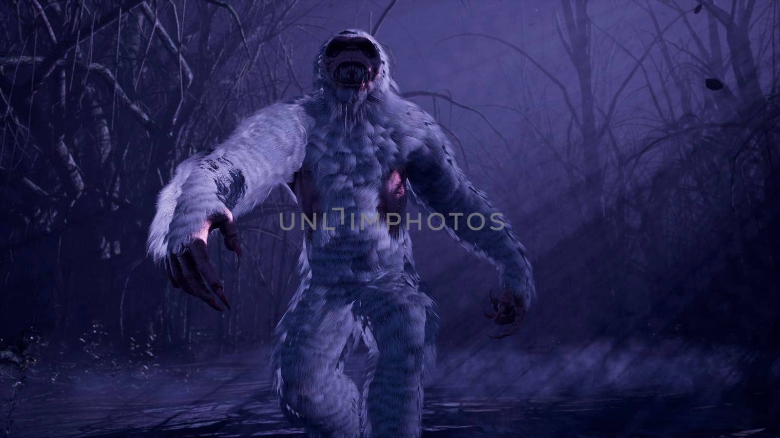 Bigfoot runs through a misty mystical forest at night. The Yeti is walking in a dark scary forest. Illustration for fabulous, fiction or fantasy backgrounds. 3D Rendering. by designprojects