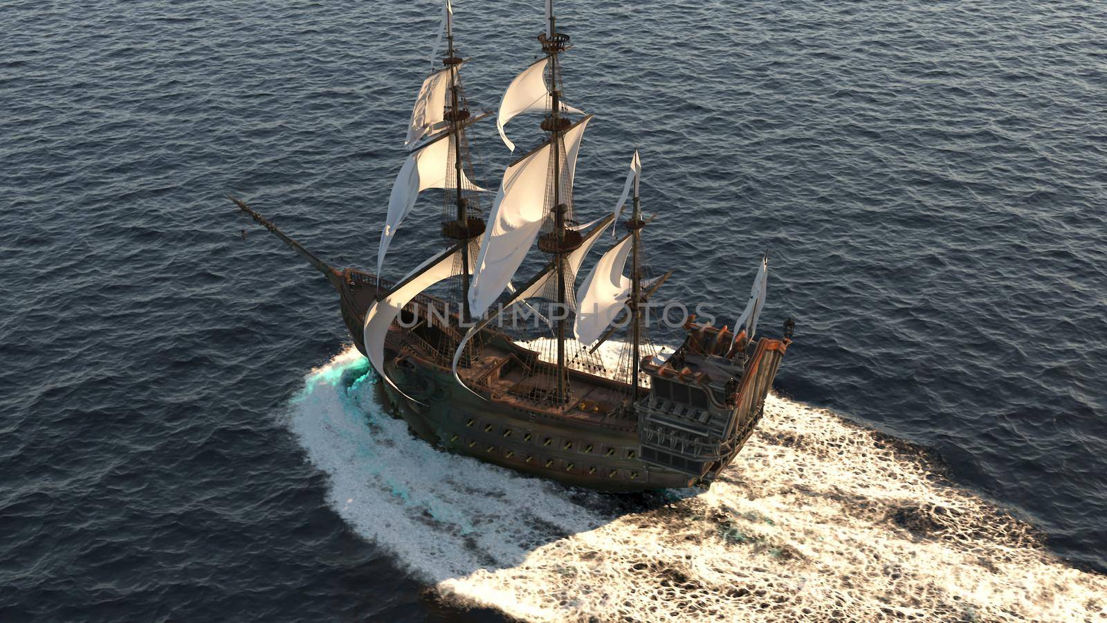A medieval ship sailing in a vast blue ocean. The concept of sea adventures in the Middle ages. 3D Rendering by designprojects