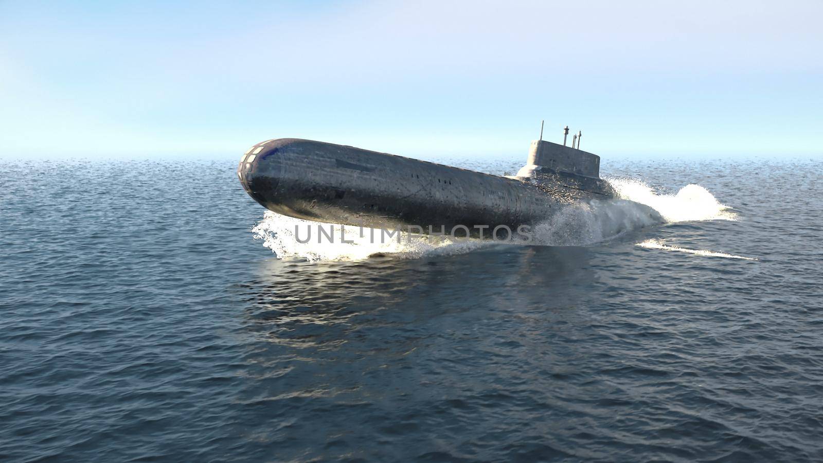 A nuclear-powered military submarine emerges from the depths of the ocean. 3D Rendering by designprojects