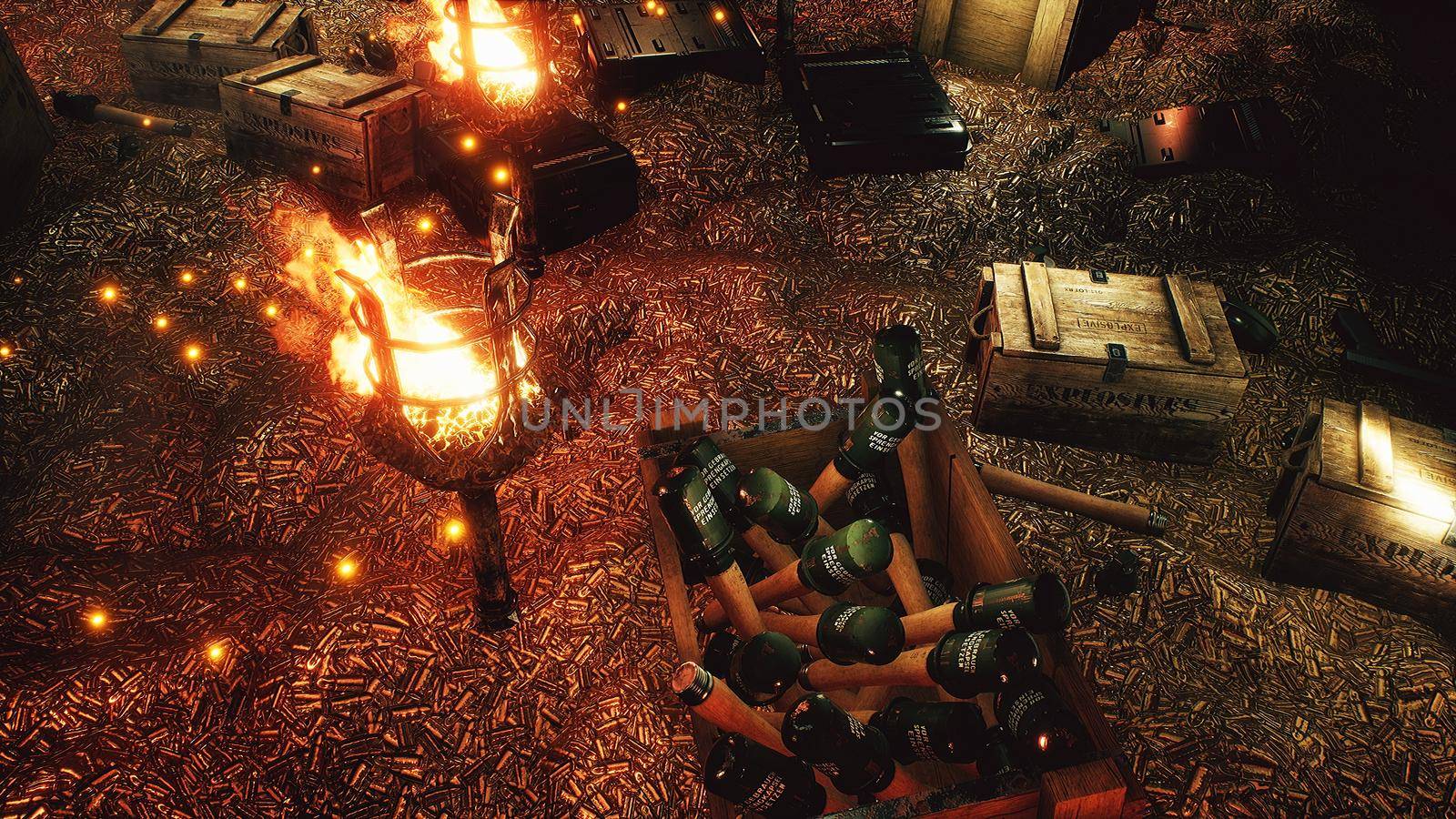 The arsenal of weapons. Bullets, boxes of explosives. Military boxes with weapons and ammunition. The military warehouse is filled with weapons for the upcoming war conflict. 3D Rendering. by designprojects