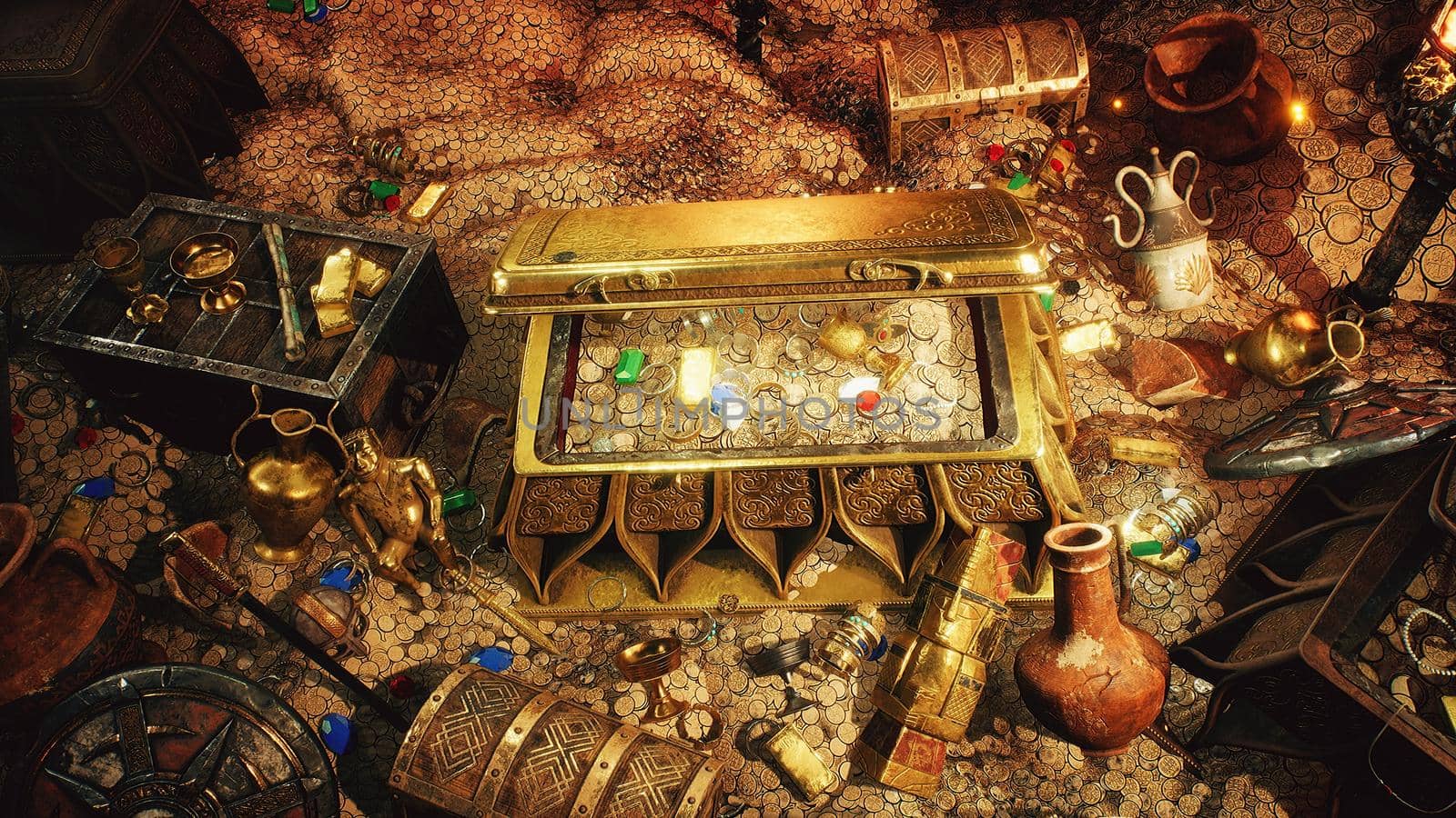 Pirate treasures in a dark cave. Old coins, diamonds, and gold treasures. A lot of jewelry made of gold statuettes, precious stones, bracelets and chests.