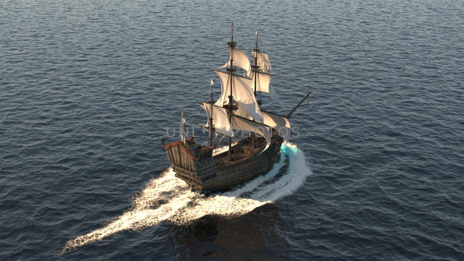 A medieval ship sailing in a vast blue ocean. The concept of sea adventures in the Middle ages. 3D Rendering by designprojects